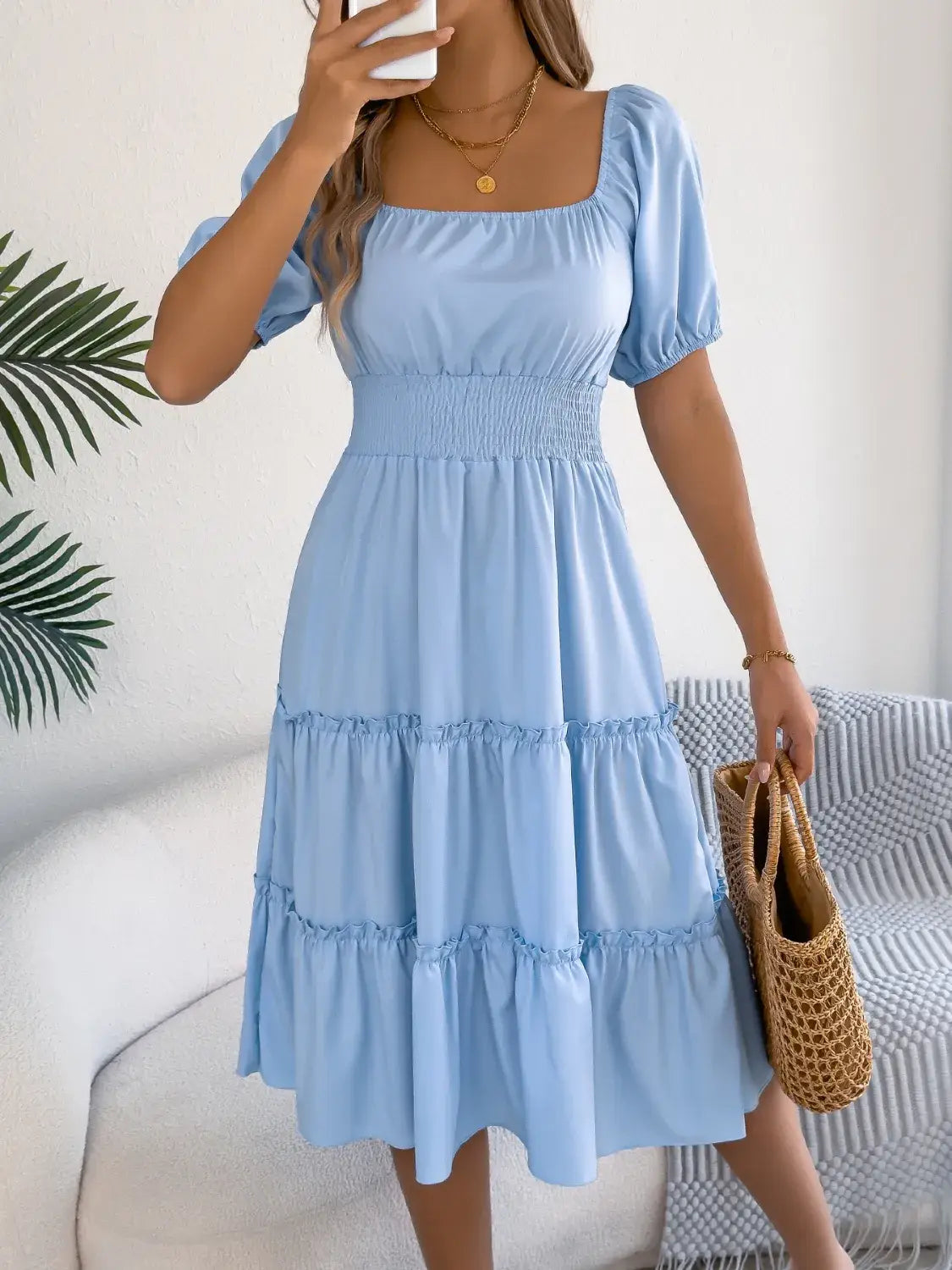 Square Neck Short Puff Sleeve Dress - Trendsi - Flyclothing LLC