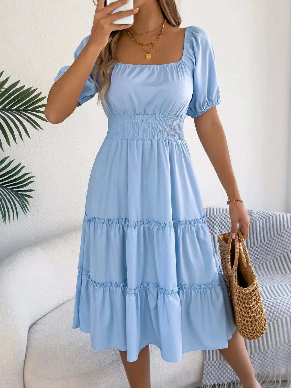 Square Neck Short Puff Sleeve Dress - Trendsi - Flyclothing LLC