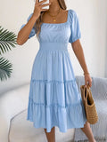 Square Neck Short Puff Sleeve Dress - Trendsi