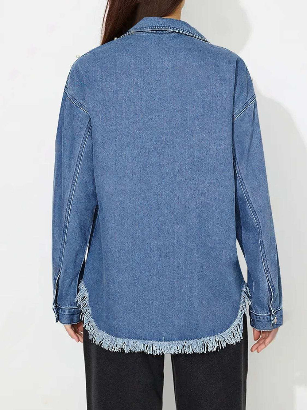 Raw Hem Pearl Trim Collared Neck Denim Top - Trendsi - Flyclothing LLC