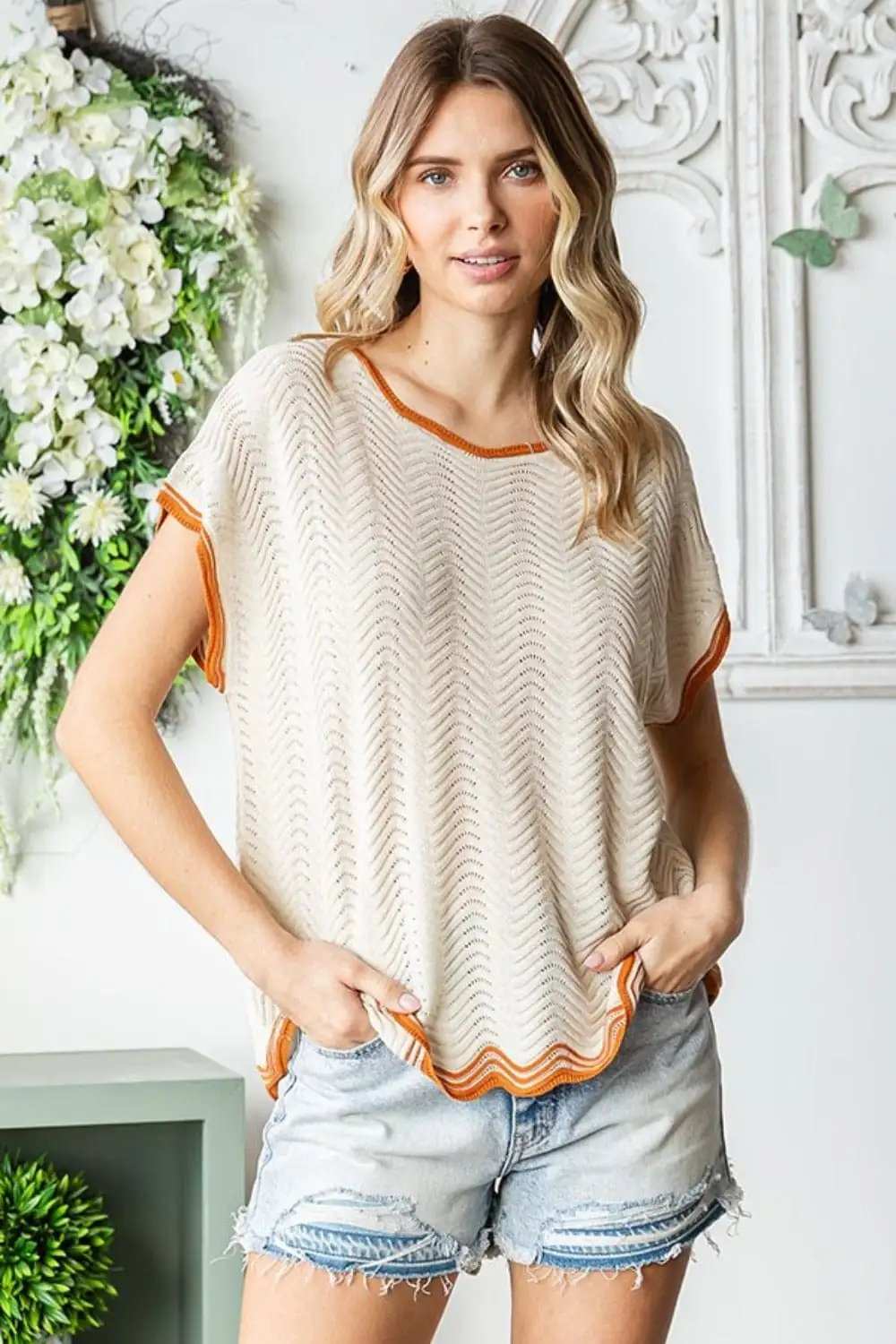First Love Full Size Contrast Wavy Crochet Drop Shoulder Knit Top - Trendsi - Flyclothing LLC