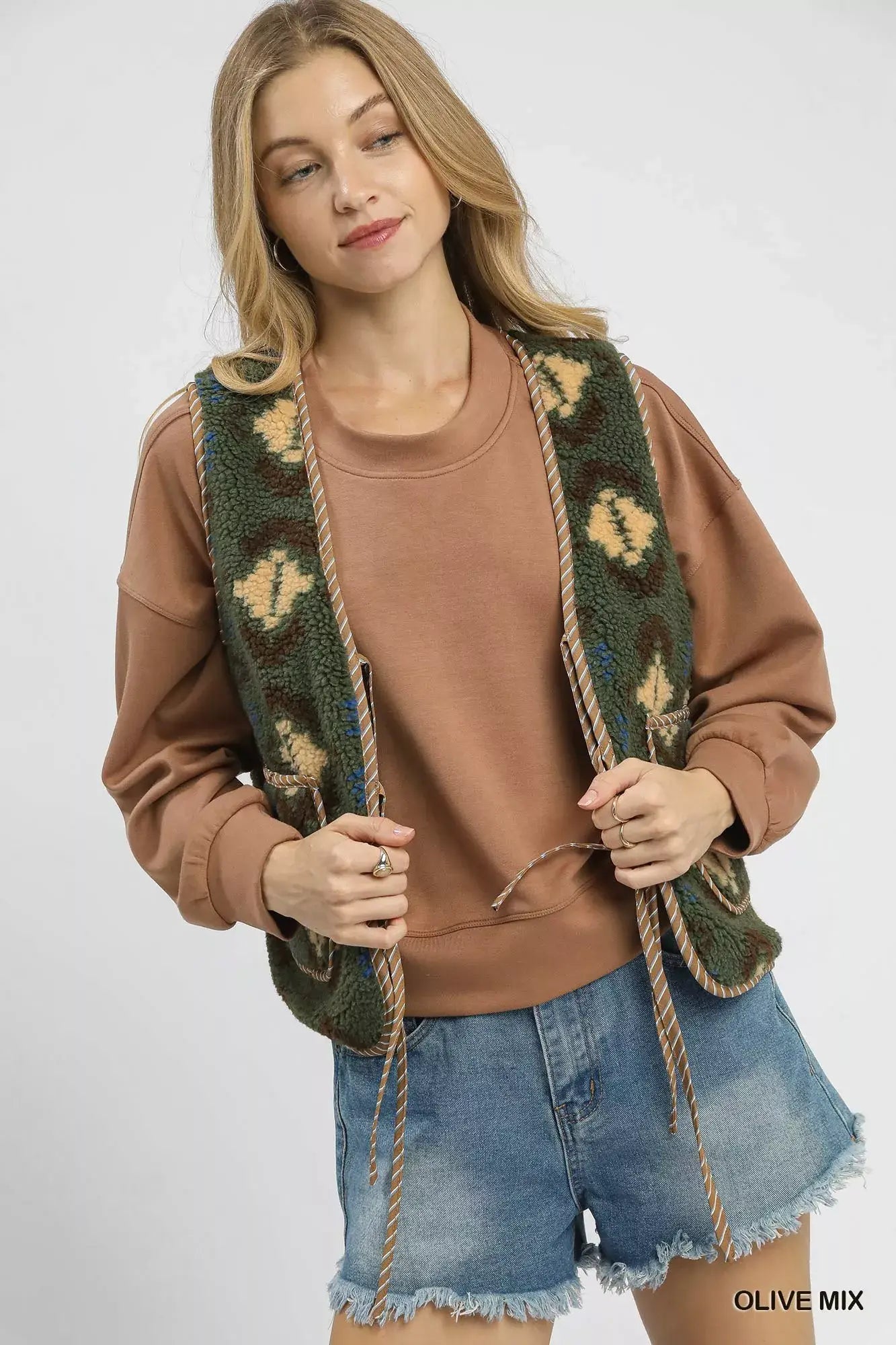 Umgee Mix Patterned Sherpa Tie-Front Vest - Trendsi - Flyclothing LLC