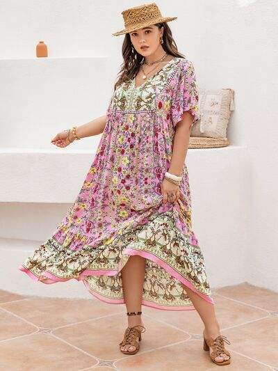 Plus Size Floral Tie Neck Flutter Sleeve Maxi Dress - Trendsi - Flyclothing LLC