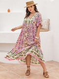 Plus Size Floral Tie Neck Flutter Sleeve Maxi Dress - Trendsi