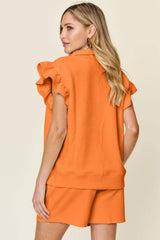 Double Take Full Size Texture Flounce Sleeve Top and Drawstring Shorts Set - Trendsi - Flyclothing LLC