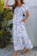 Smocked Printed Square Neck Puff Sleeve Dress - Trendsi - Flyclothing LLC