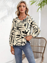 Printed Notched Long Sleeve Blouse - Trendsi - Flyclothing LLC