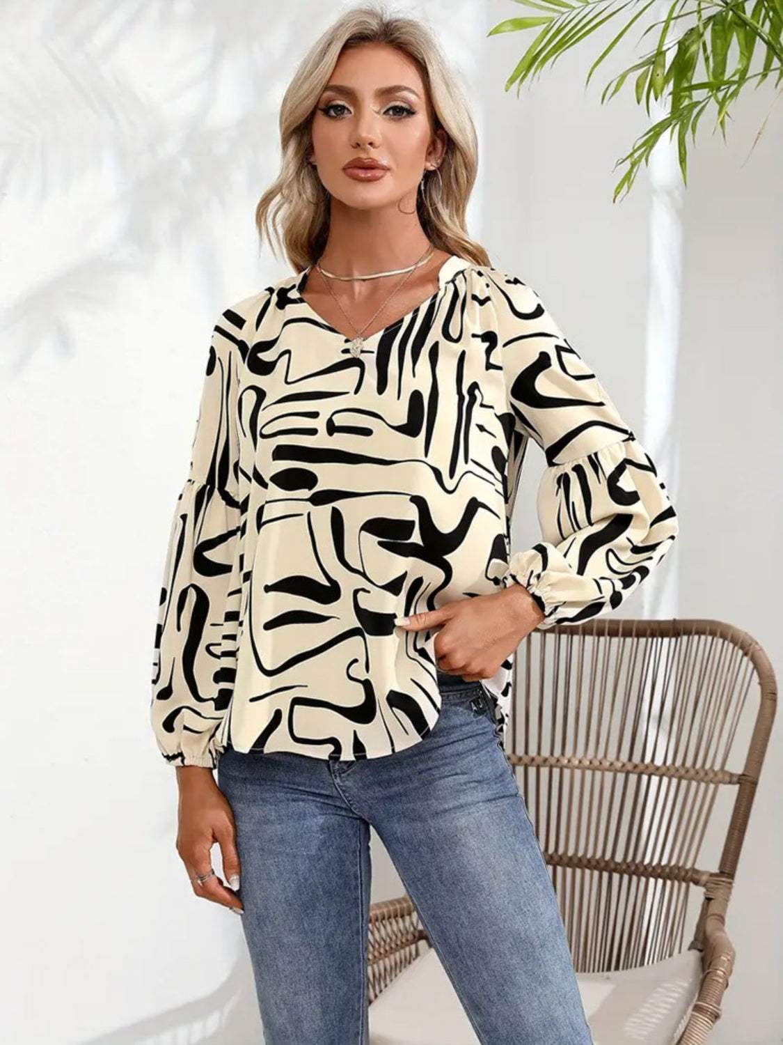 Printed Notched Long Sleeve Blouse - Trendsi - Flyclothing LLC
