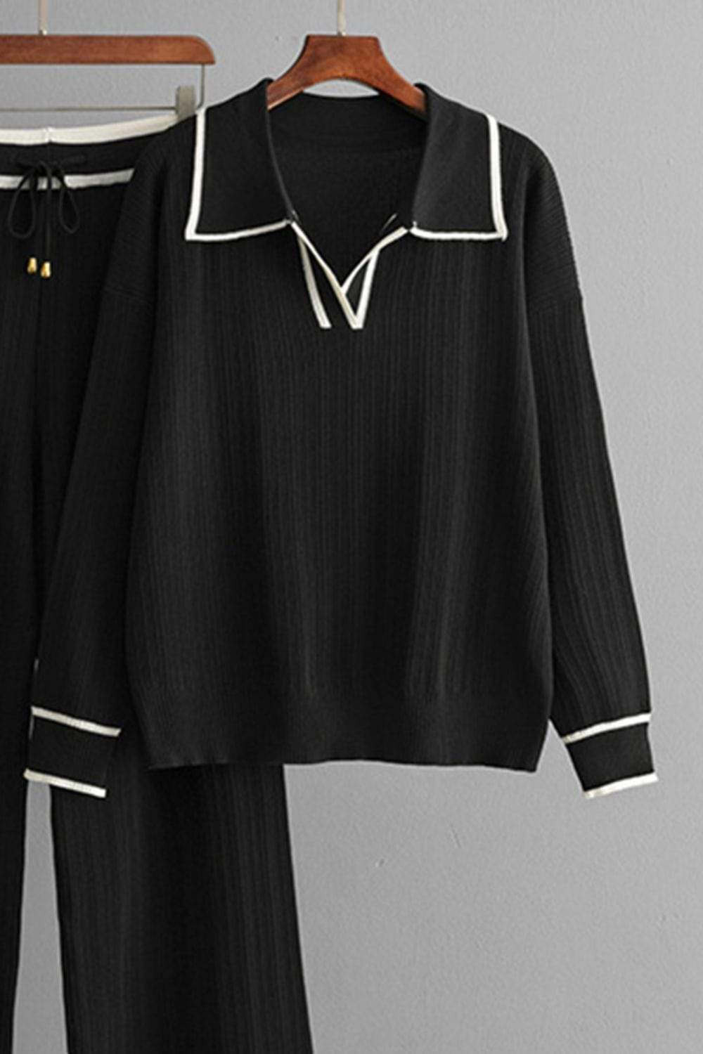 Contrast Trim Johnny Collar Top and Drawstring Pants Sweater Set - Trendsi - Flyclothing LLC