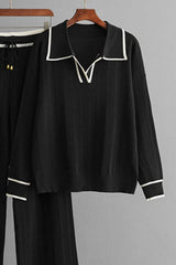 Contrast Trim Johnny Collar Top and Drawstring Pants Sweater Set - Trendsi - Flyclothing LLC
