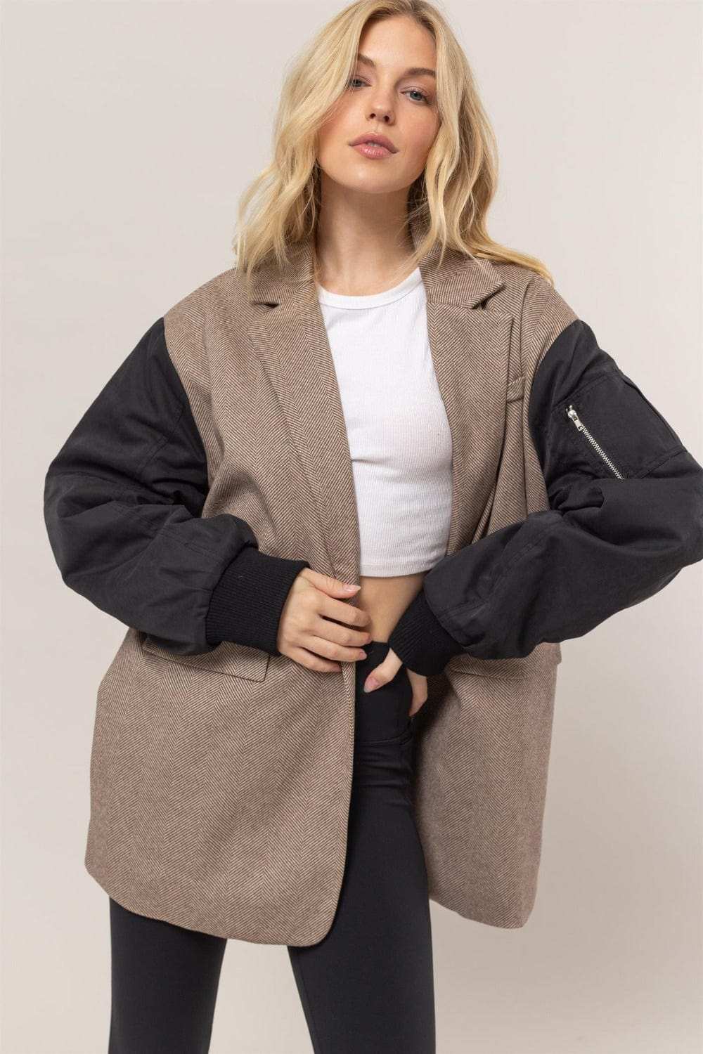 HYFVE Herringbone Mixed Media Contrast Long Sleeve Blazer - Trendsi - Flyclothing LLC