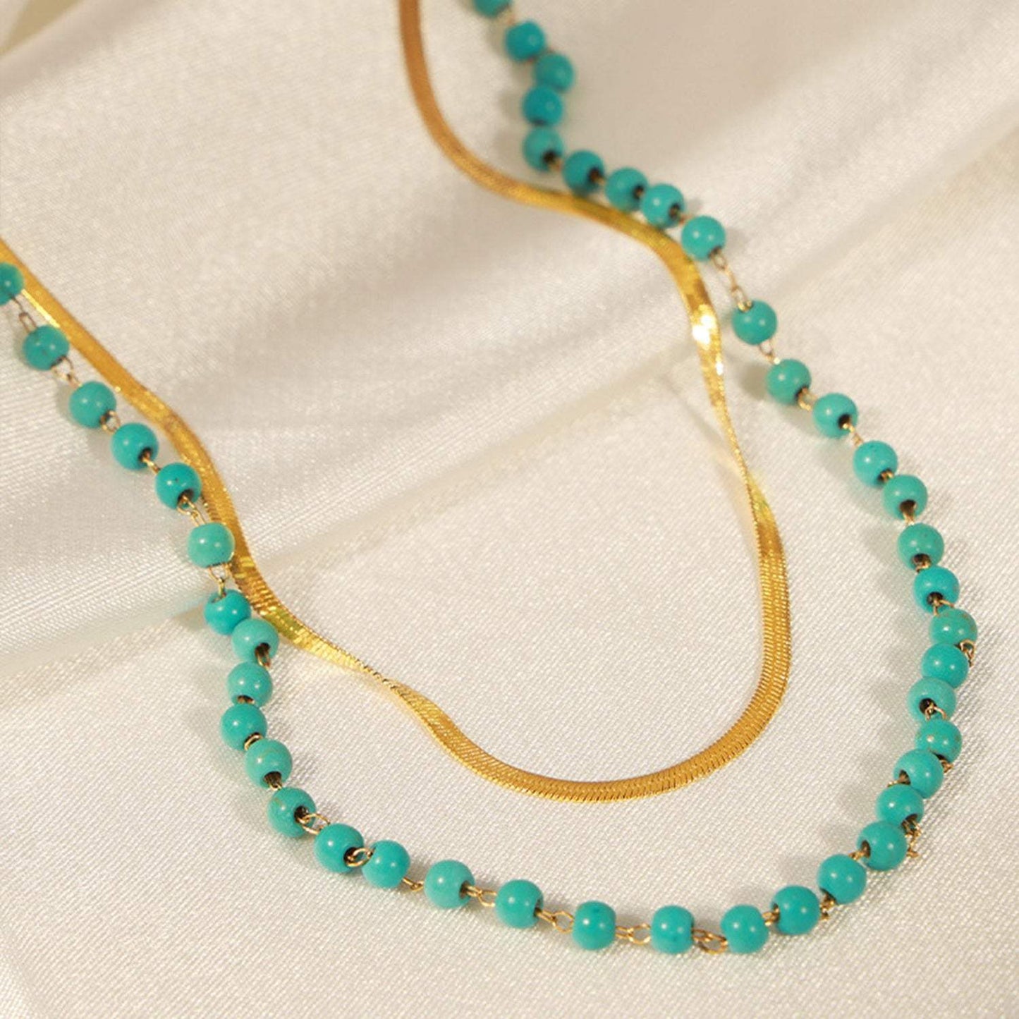 Turquoise Titanium Steel Double-Layered Necklace - Trendsi - Flyclothing LLC