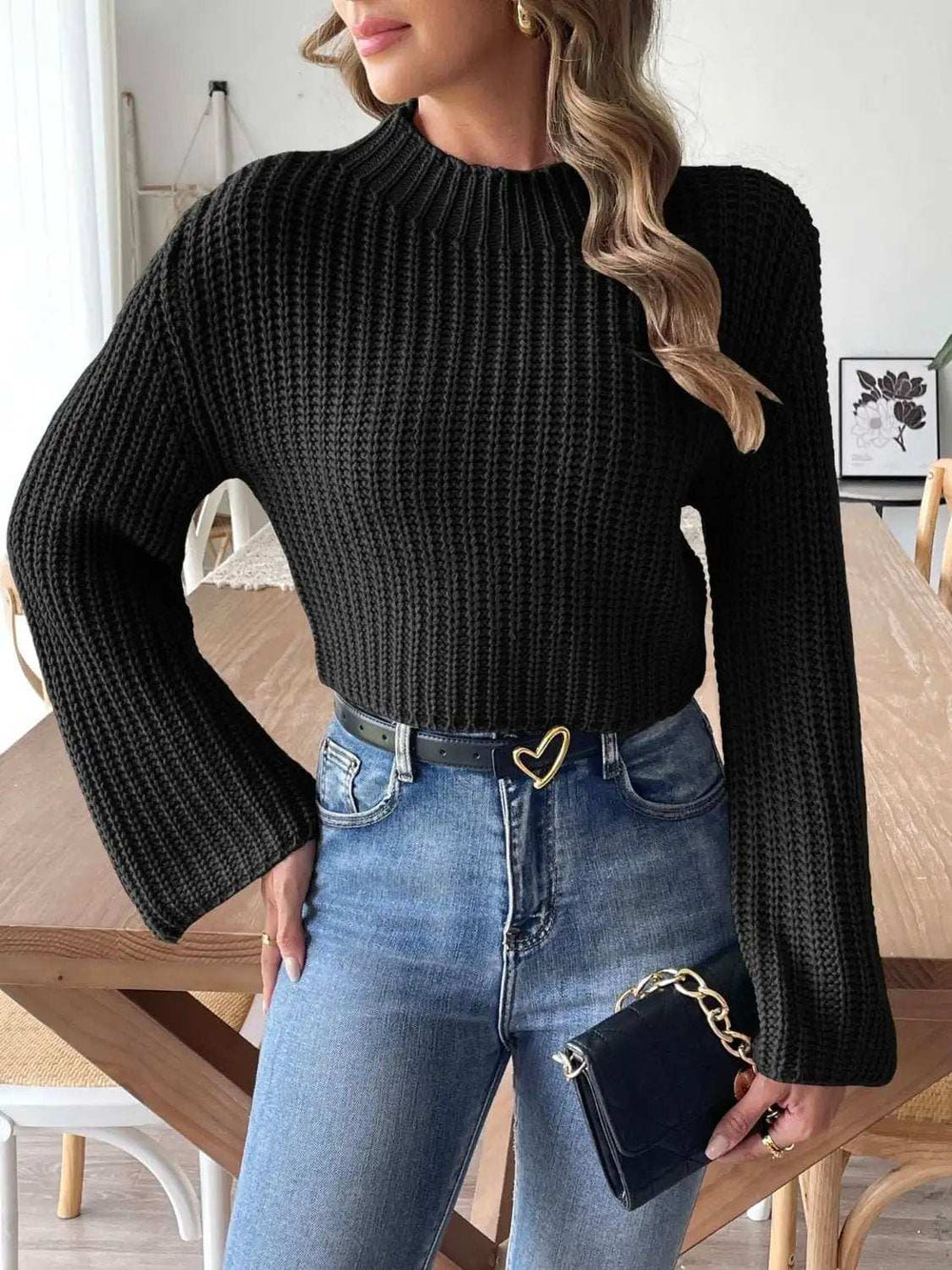 Mock Neck Long Sleeve Sweater - Trendsi - Flyclothing LLC