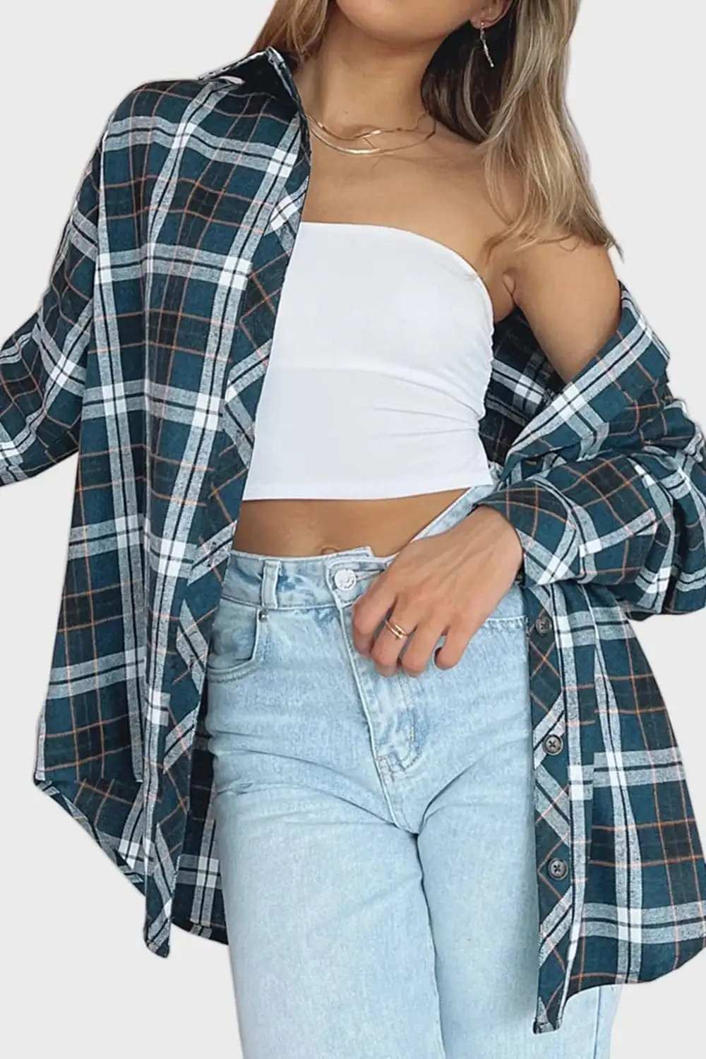 Plaid Collared Neck Long Sleeve Shirt - Trendsi - Flyclothing LLC