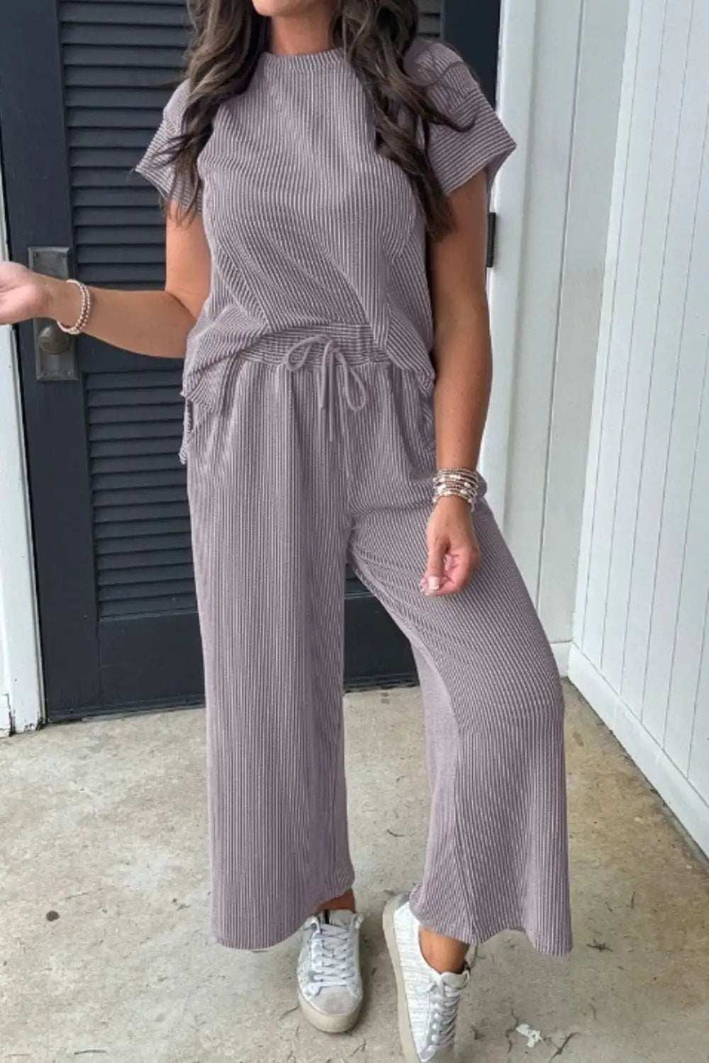 Corded Knit Short Sleeve T-Shirt and Wide Leg Pants Set - Trendsi - Flyclothing LLC