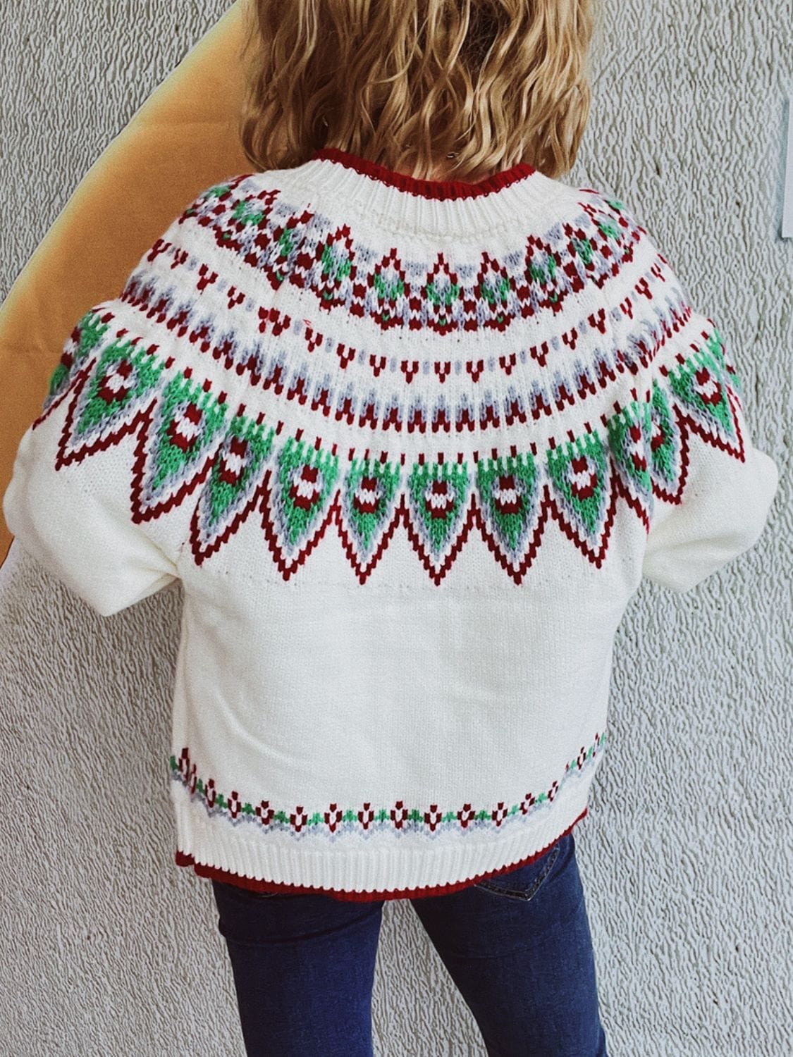 Contrast Geometric Round Neck Long Sleeve Cardigan - Trendsi