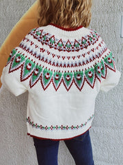Contrast Geometric Round Neck Long Sleeve Cardigan - Trendsi