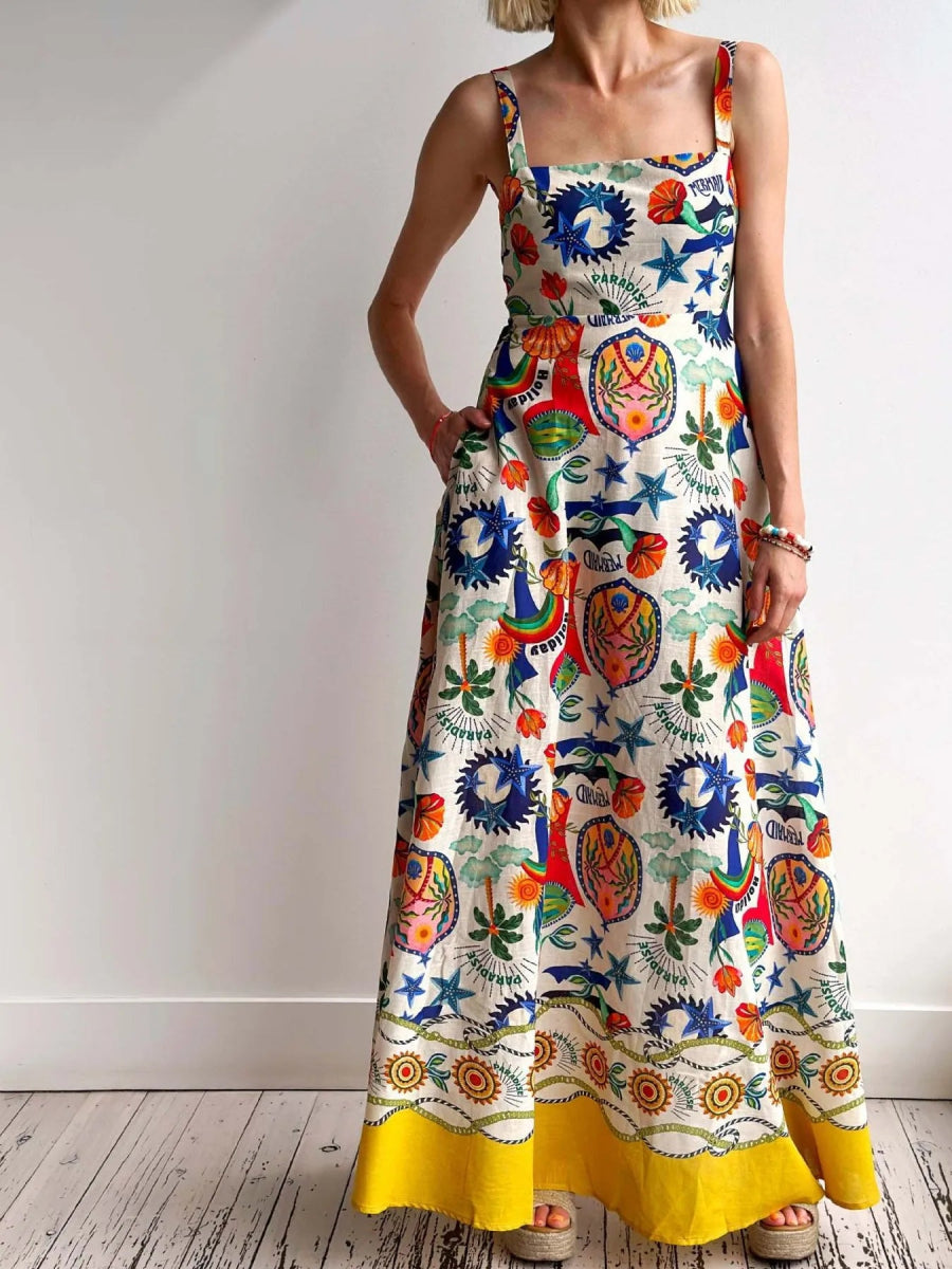 Printed Square Neck Maxi Dress - Trendsi
