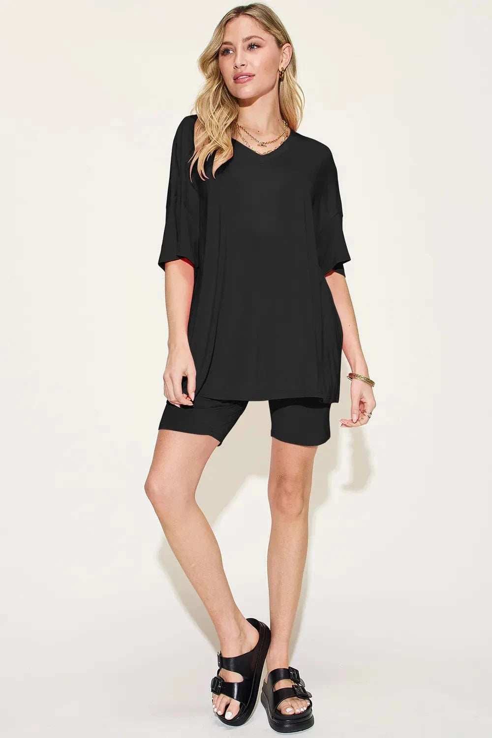 Basic Bae Bamboo Full Size V-Neck Drop Shoulder T-Shirt and Shorts Set - Trendsi - Flyclothing LLC