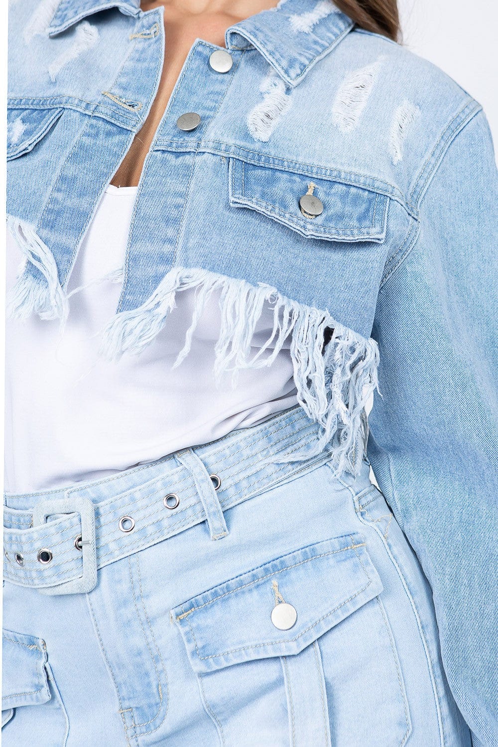 American Bazi Distressed Denim Jacket with Frayed Hem - Trendsi