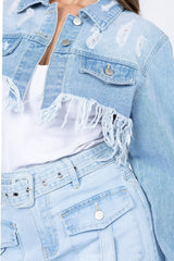 American Bazi Distressed Denim Jacket with Frayed Hem - Trendsi