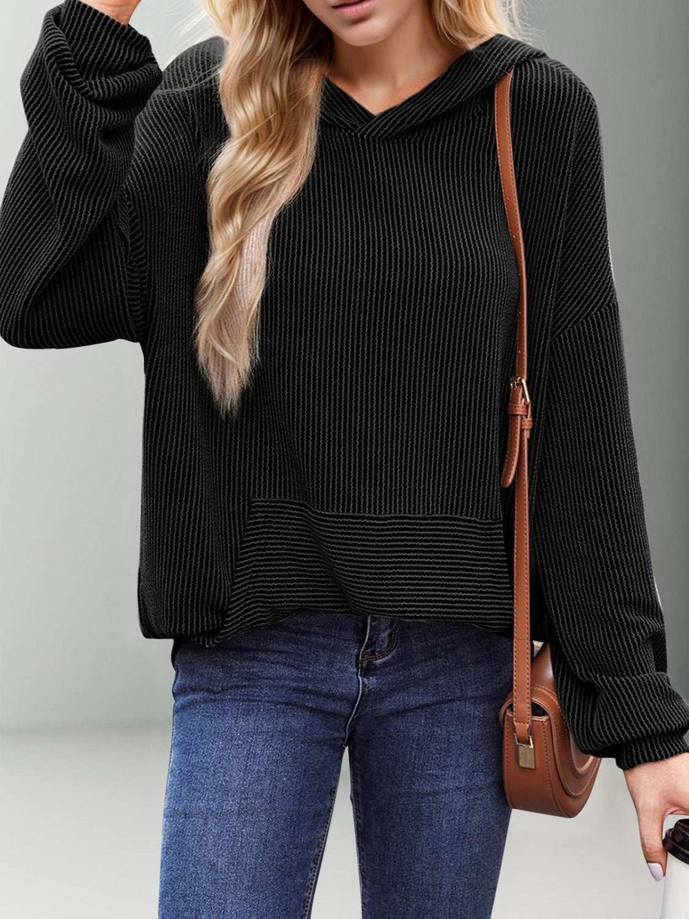 Double Take Textured Kangaroo Pocket Long Sleeve Hoodie - Trendsi - Flyclothing LLC