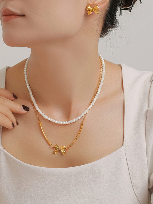 3 Piece Pearl Necklace, Bow Necklace and Stud Earrings Jewelry Set - Trendsi