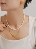 3 Piece Pearl Necklace, Bow Necklace and Stud Earrings Jewelry Set - Trendsi
