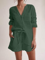 Notched Long Sleeve Top and Shorts Set - Trendsi - Flyclothing LLC