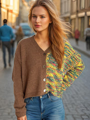 Contrast Button Up V-Neck Cropped Cardigan - Trendsi