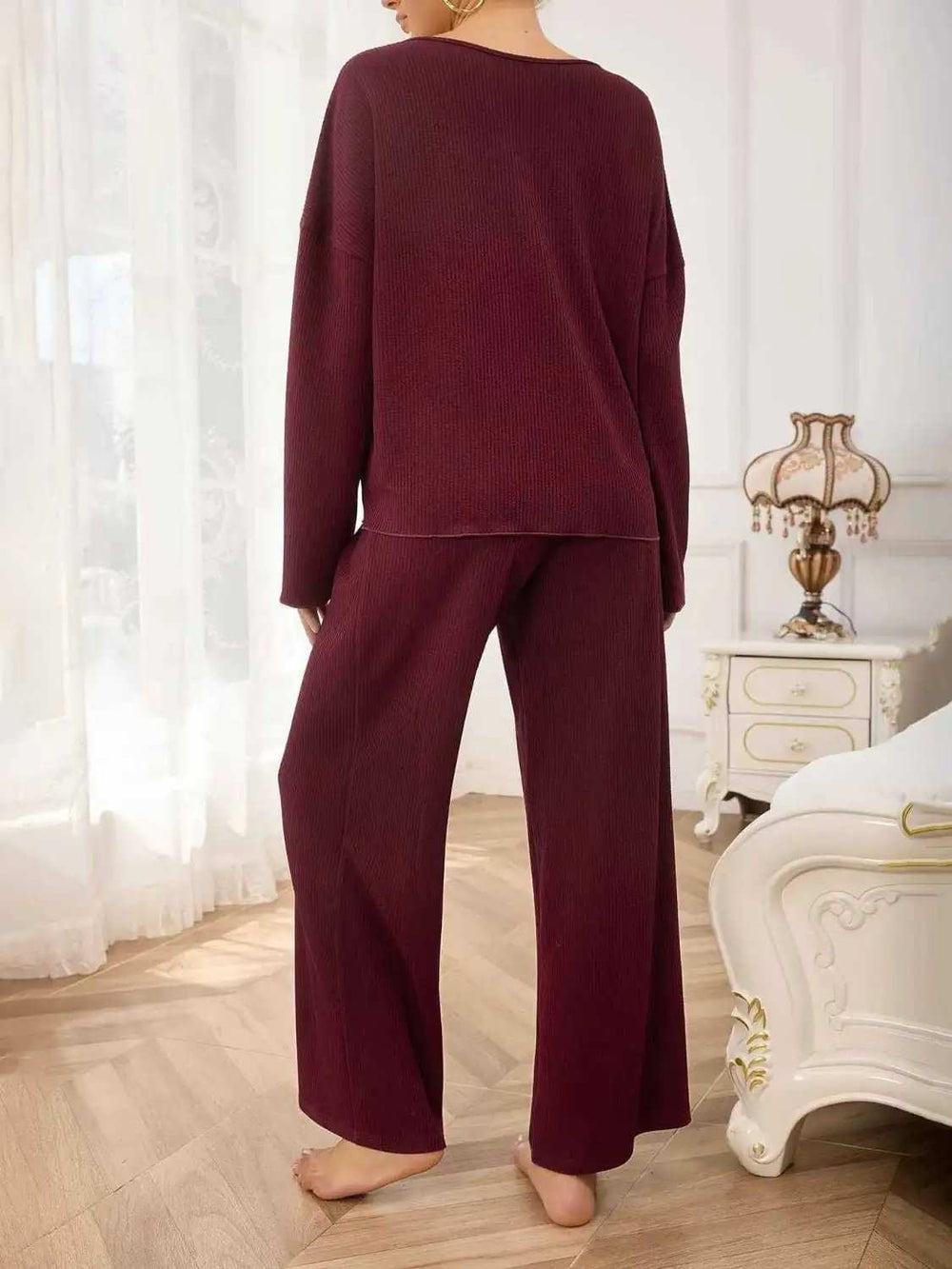 V-Neck Long Sleeve Top and Wide Leg Pants Set - Trendsi - Flyclothing LLC