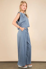 VERY J Solid Woven Top & Pants Set - Trendsi - Flyclothing LLC