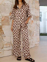 Printed Collared Neck Top and Pants Set - Trendsi - Flyclothing LLC