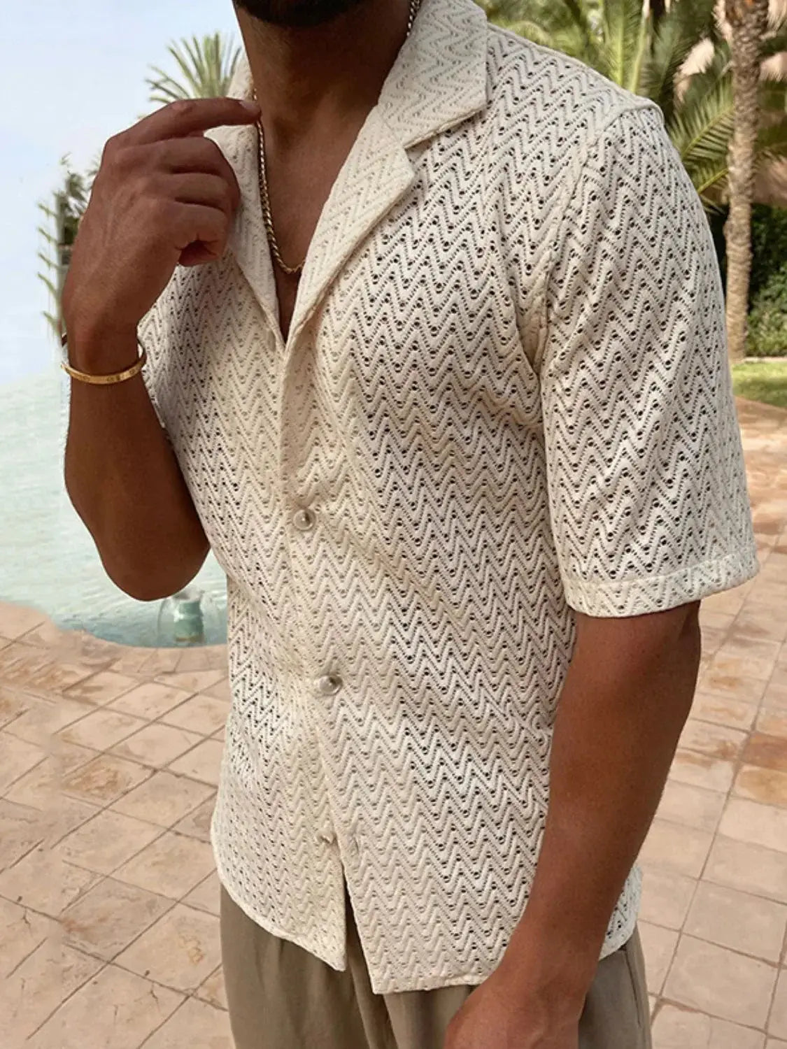 Men's Plus Size Herringbone Eyelet Button Down Knit Shirt - Trendsi - Flyclothing LLC
