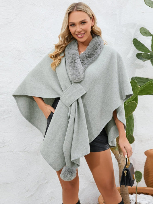 Fuzzy Trim Open Front Poncho - Trendsi