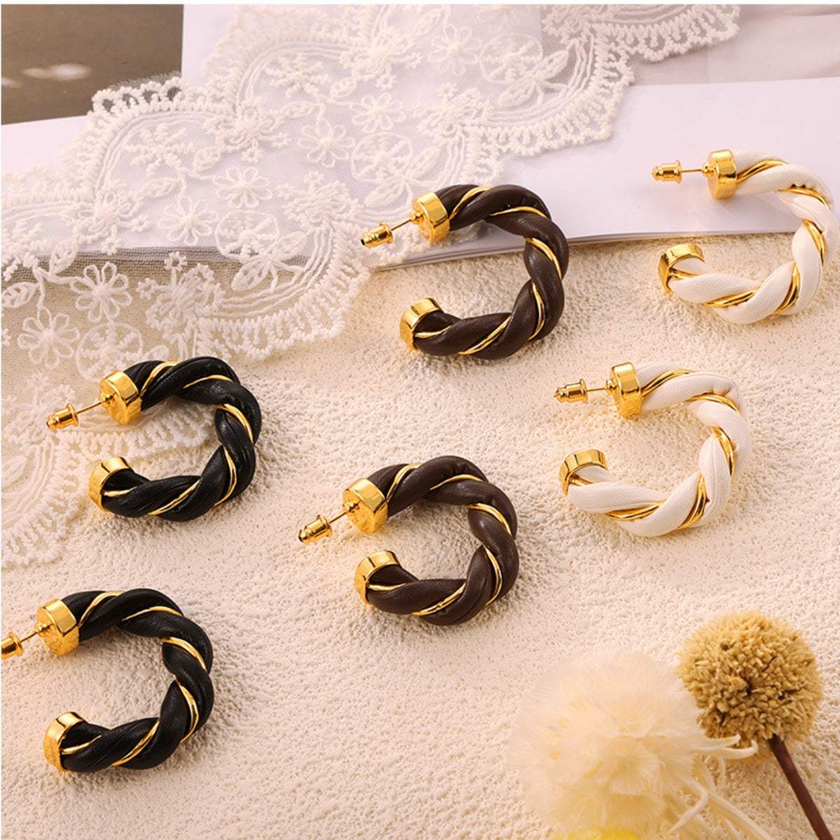 Twisted Leather Rope C-Hoop Earrings - Trendsi - Flyclothing LLC