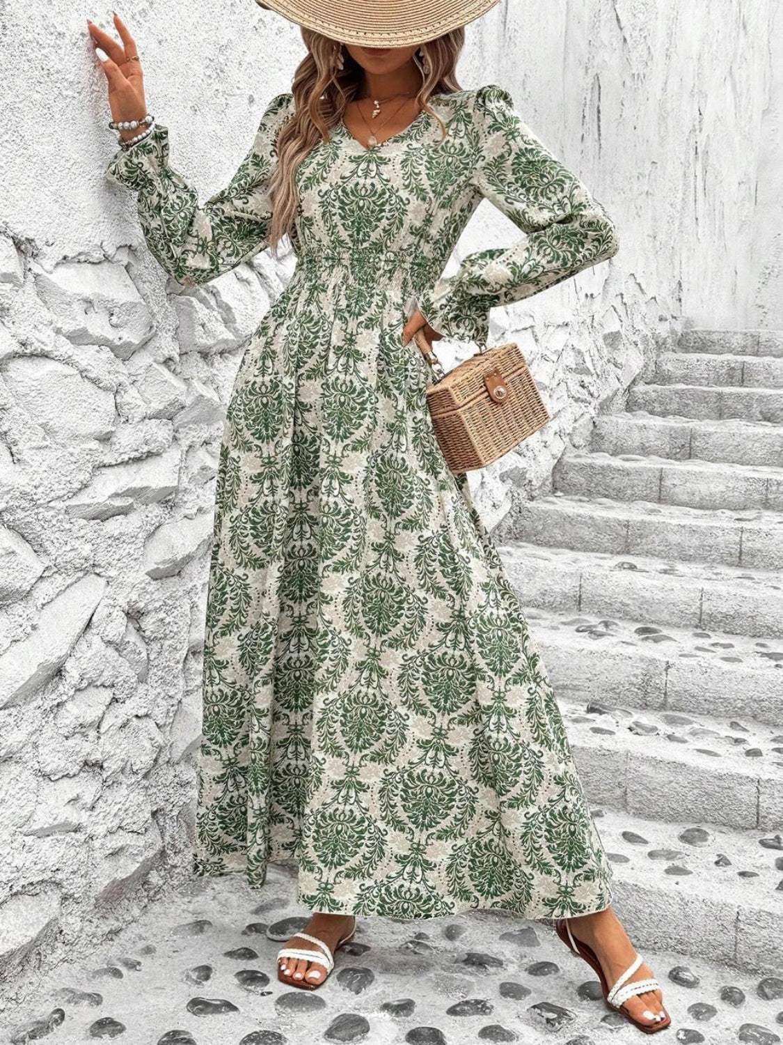 Smocked Printed V-Neck Flounce Sleeve Dress - Trendsi - Flyclothing LLC
