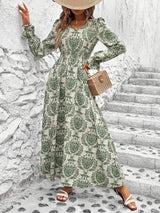 Smocked Printed V-Neck Flounce Sleeve Dress - Trendsi - Flyclothing LLC