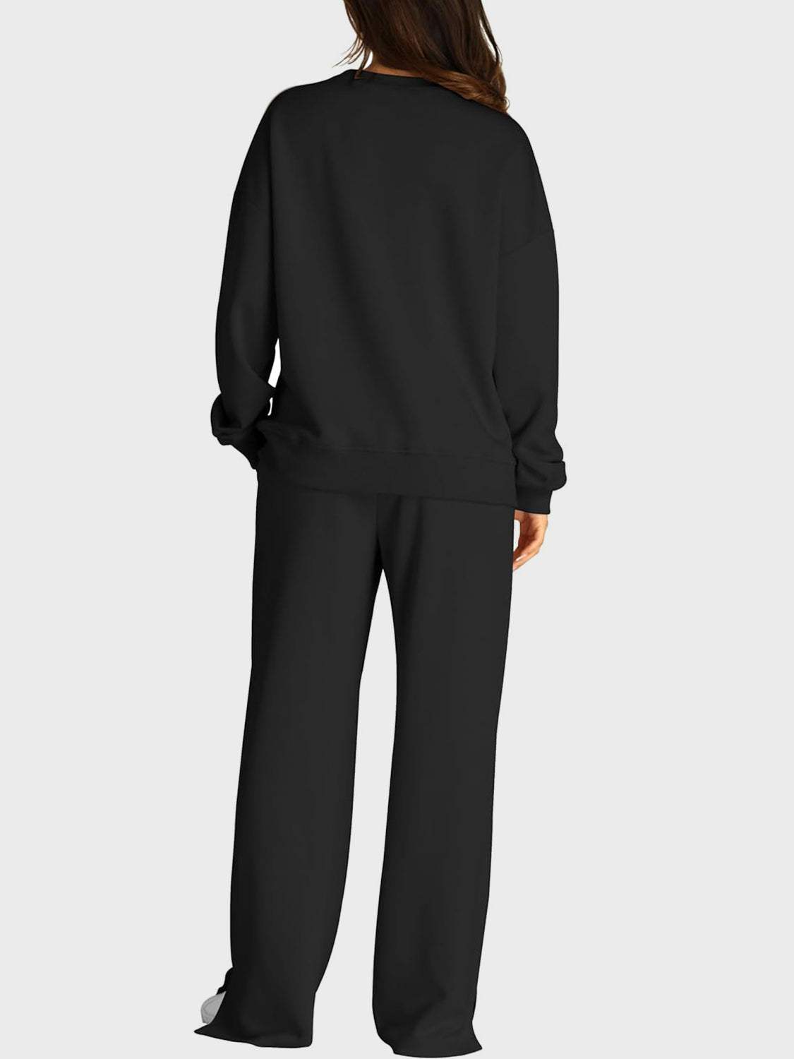 Round Neck Long Sleeve Top and Slit Pants Set - Trendsi - Flyclothing LLC