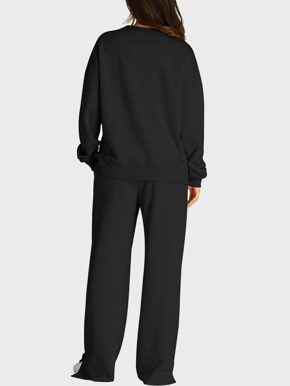 Round Neck Long Sleeve Top and Slit Pants Set - Trendsi - Flyclothing LLC