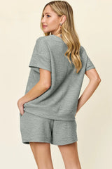 Double Take Full Size Texture Short Sleeve T-Shirt and Drawstring Shorts Set - Trendsi - Flyclothing LLC