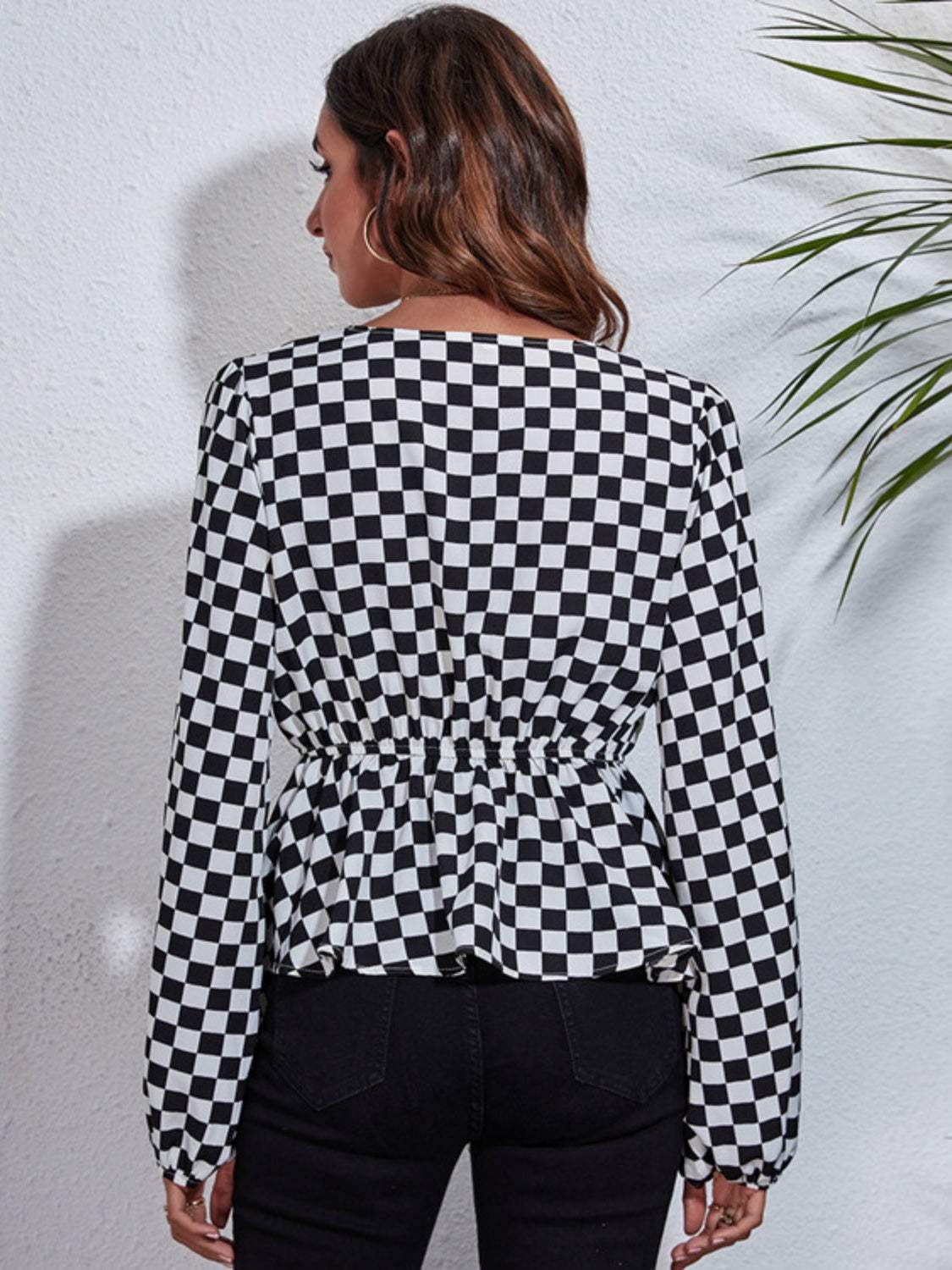 Ruched Printed V-Neck Long Sleeve Blouse - Trendsi - Flyclothing LLC