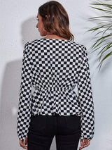 Ruched Printed V-Neck Long Sleeve Blouse - Trendsi - Flyclothing LLC
