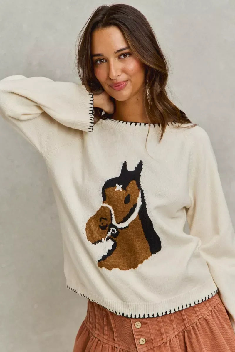 SO ME Horse Knit Sweater Top with Blanket Stitch - Trendsi - Flyclothing LLC