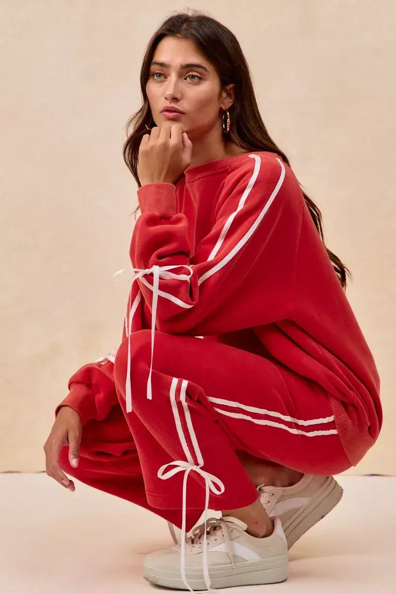 BiBi Side Lined Bow Details Fleece Sweatpants - Trendsi - Flyclothing LLC