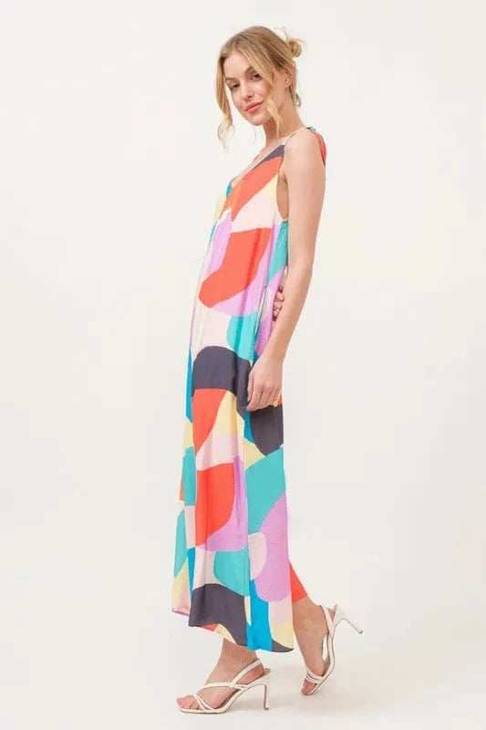 And The Why Tied Shoulder Straps Wide-Leg Geo Print Jumpsuit - Trendsi - Flyclothing LLC