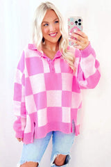 Slit Checkered Half Button Long Sleeve Sweater - Trendsi - Flyclothing LLC