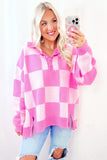 Slit Checkered Half Button Long Sleeve Sweater - Trendsi