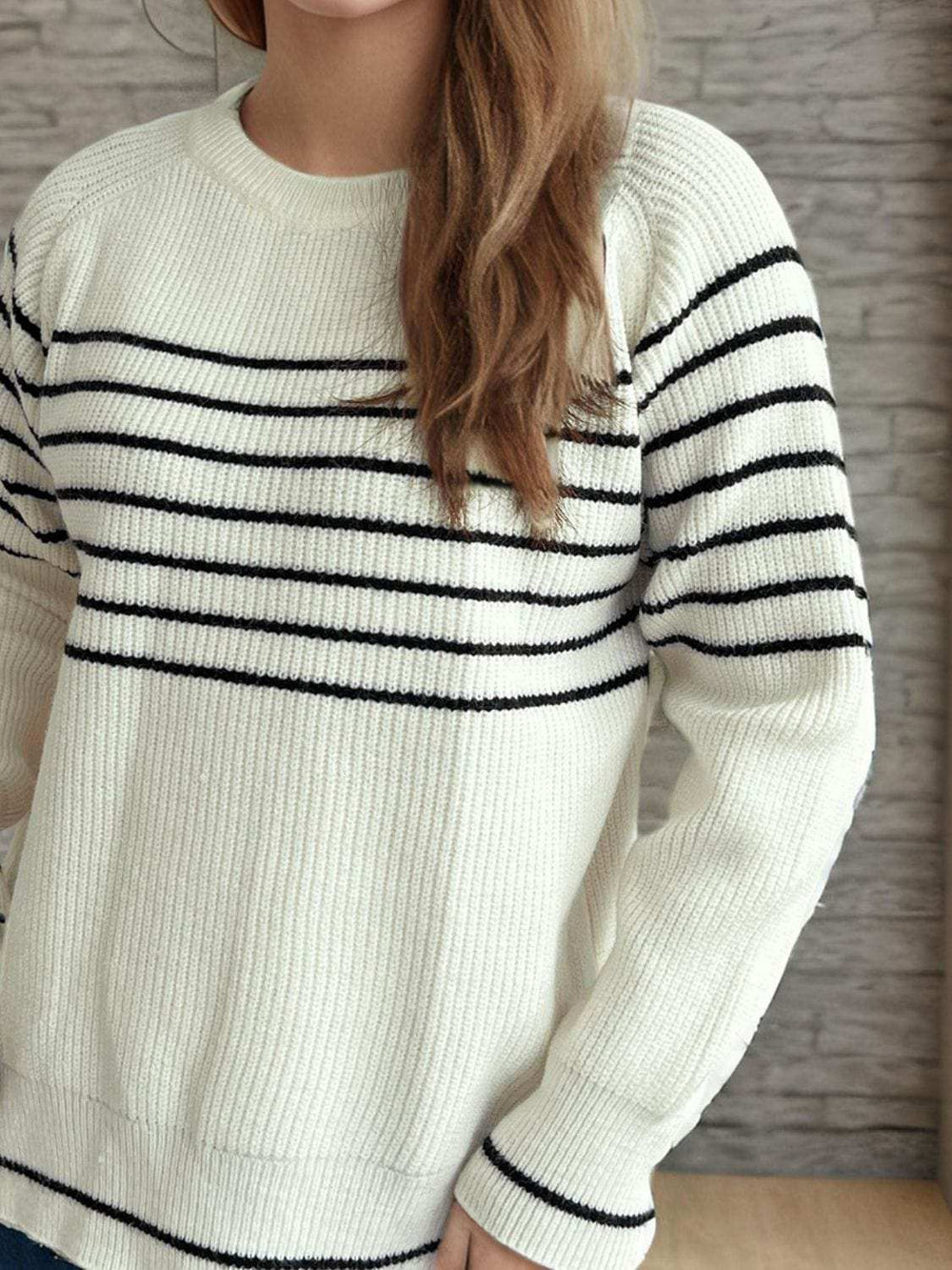 Striped Round Neck Long Sleeve Sweater - Trendsi - Flyclothing LLC