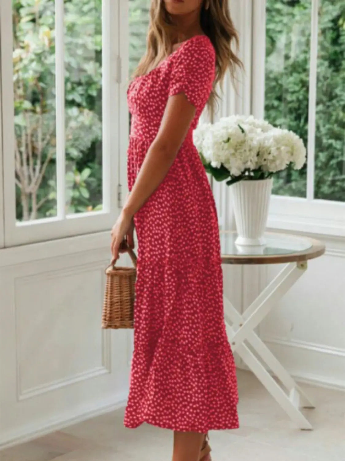 Printed Square Neck Short Sleeve Midi Dress - Trendsi - Flyclothing LLC